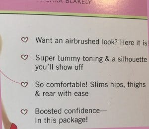 Close-up of shapewear packaging listing benefits including “airbrushed look,” “super tummy-toning,” “slims hips, thighs & rear,” and “boosted confidence.”